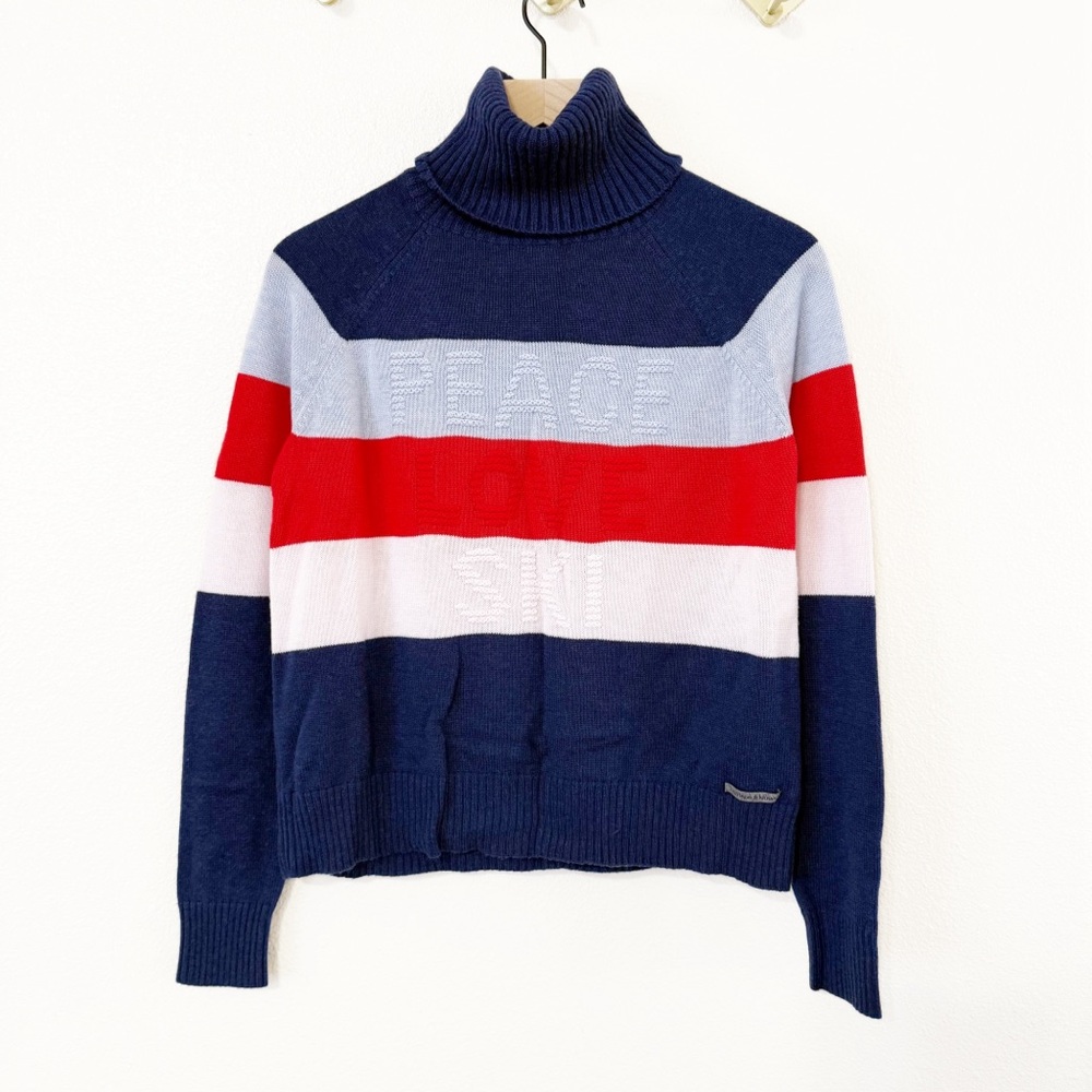 Krimson Klover Joni Striped Embossed Peace Love Ski Blue Red Embossed Sweater - Picture 3 of 9